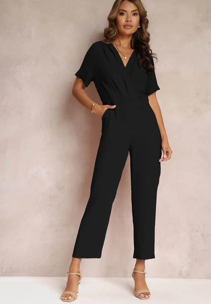 Czarny Kombinezon z Kopertowym Dekoltem i Krótkimi Rękawami z Wiskozą Coridsa