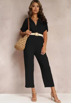 Czarny Kombinezon z Kopertowym Dekoltem i Krótkimi Rękawami z Wiskozą Coridsa