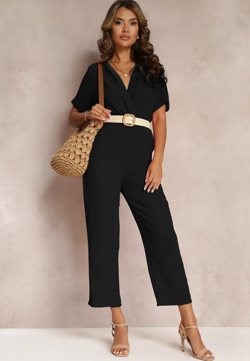 Czarny Kombinezon z Kopertowym Dekoltem i Krótkimi Rękawami z Wiskozą Coridsa