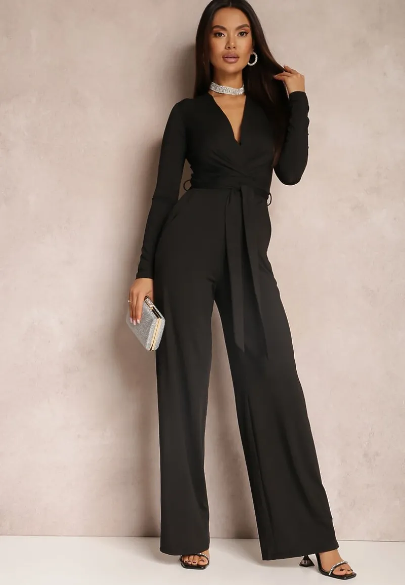 Czarny Kombinezon z Kopertowym Dekoltem Ivemie