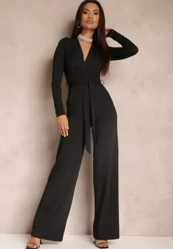 Czarny Kombinezon z Kopertowym Dekoltem Ivemie