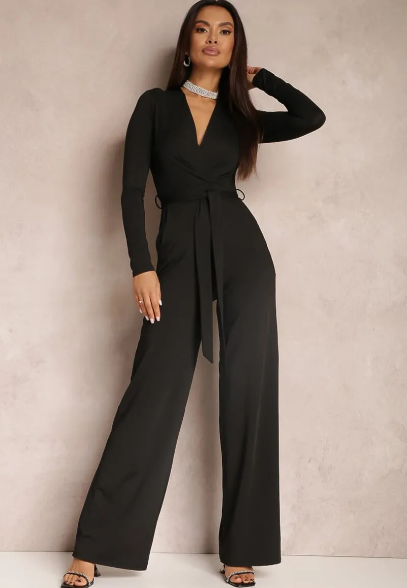 Czarny Kombinezon z Kopertowym Dekoltem Ivemie