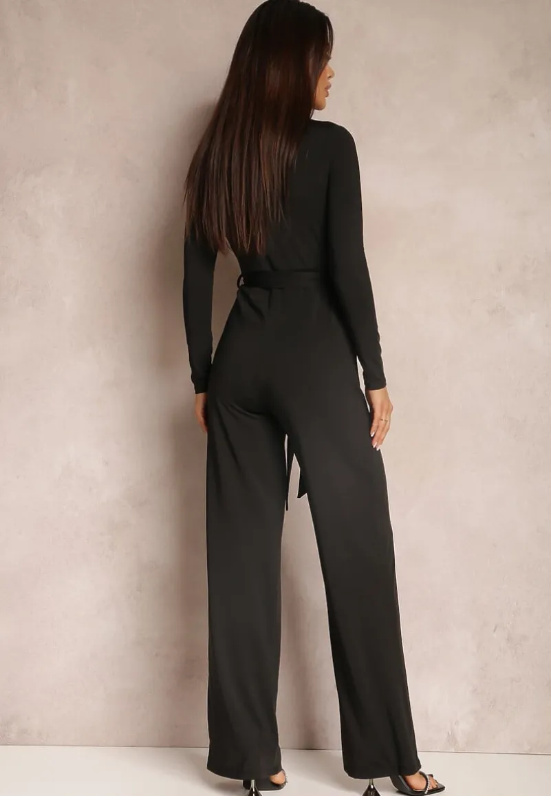 Czarny Kombinezon z Kopertowym Dekoltem Ivemie