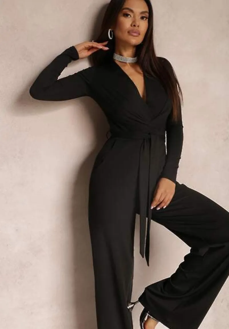 Czarny Kombinezon z Kopertowym Dekoltem Ivemie