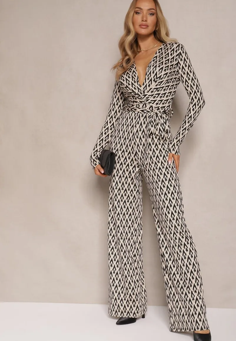 Czarny Kombinezon z Kopertowym Dekoltem Paskiem i Geometrycznym Printem Sarilen