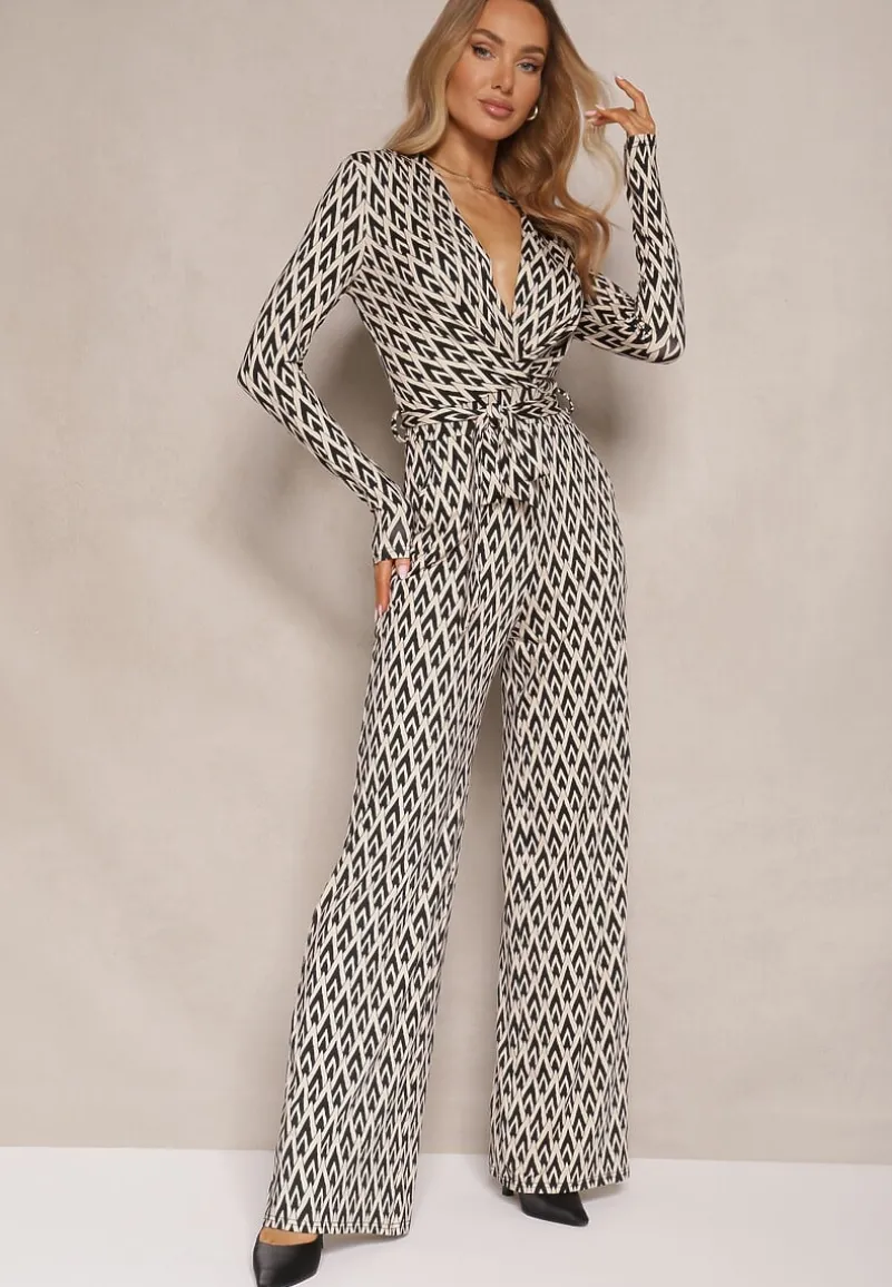 Czarny Kombinezon z Kopertowym Dekoltem Paskiem i Geometrycznym Printem Sarilen