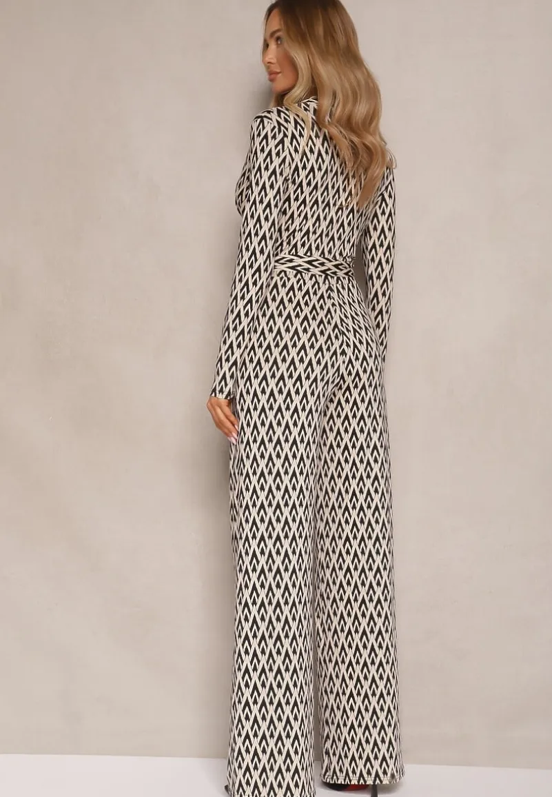 Czarny Kombinezon z Kopertowym Dekoltem Paskiem i Geometrycznym Printem Sarilen