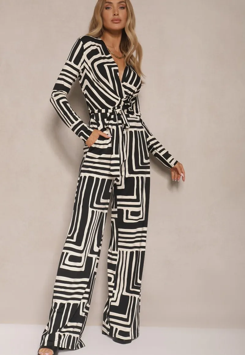 Czarny Kombinezon z Kopertowym Dekoltem z Geometrycznym Motywem Zarrives