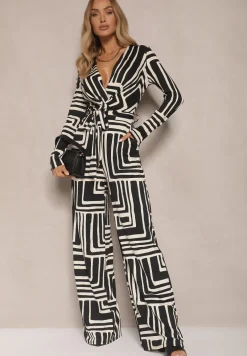 Czarny Kombinezon z Kopertowym Dekoltem z Geometrycznym Motywem Zarrives
