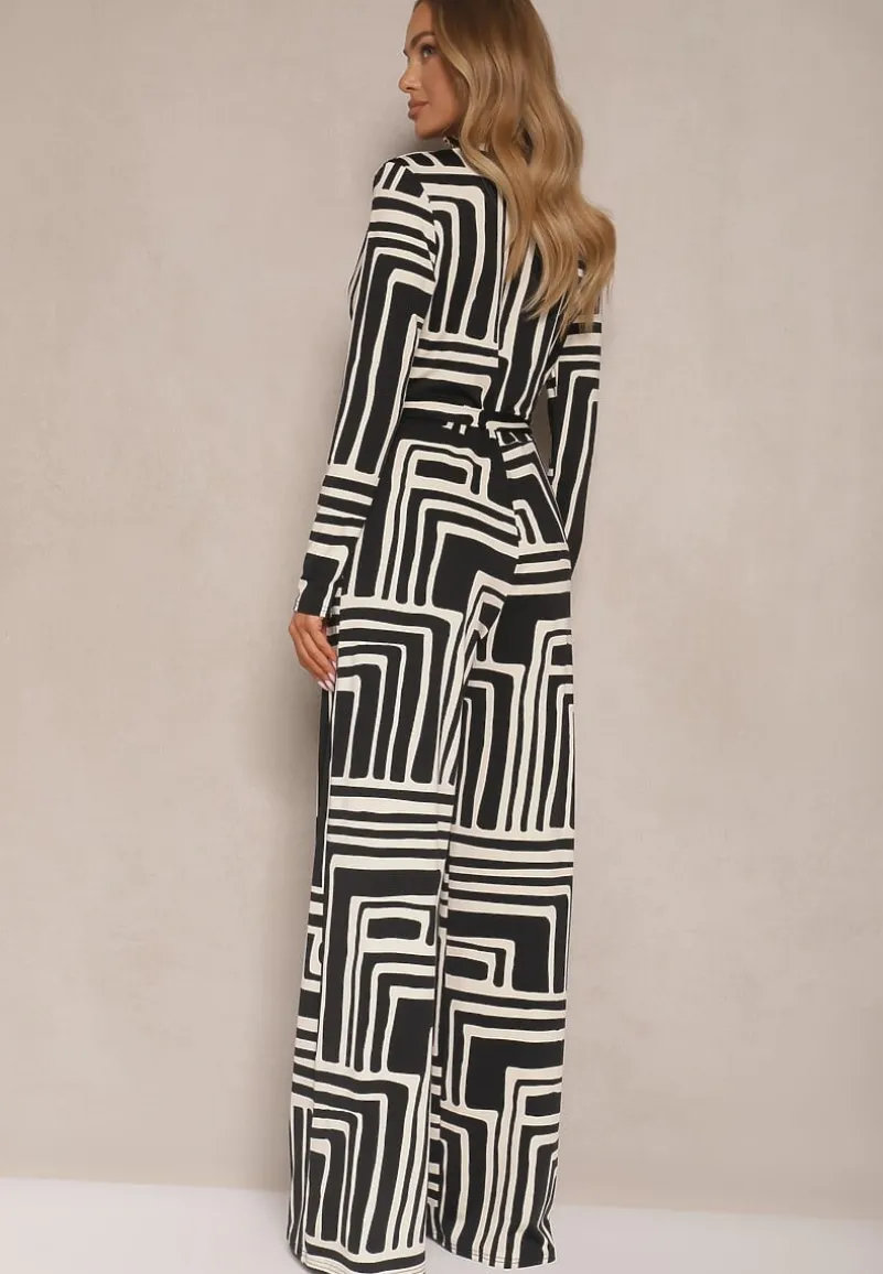Czarny Kombinezon z Kopertowym Dekoltem z Geometrycznym Motywem Zarrives