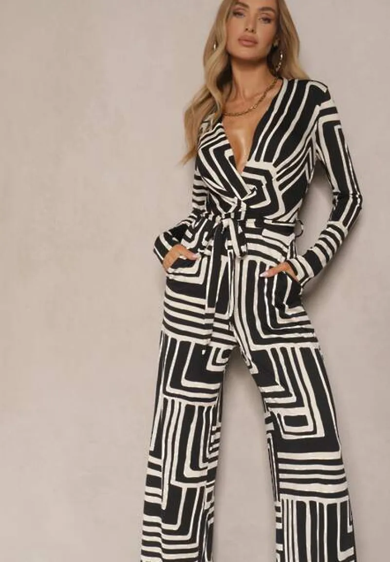 Czarny Kombinezon z Kopertowym Dekoltem z Geometrycznym Motywem Zarrives