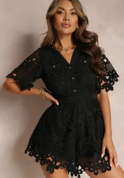 Czarny Kombinezon z Koronkowej Tkaniny z Krótkim Rękawem Eila