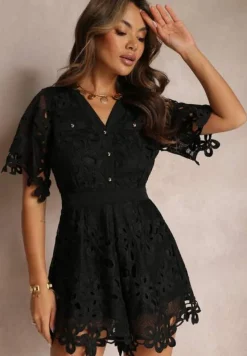 Czarny Kombinezon z Koronkowej Tkaniny z Krótkim Rękawem Eila