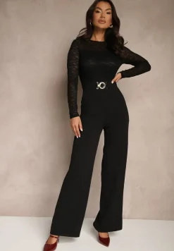 Czarny Kombinezon z Koronki z Wiskozą z Wszytym Paskiem z Aplikacją Ninadira