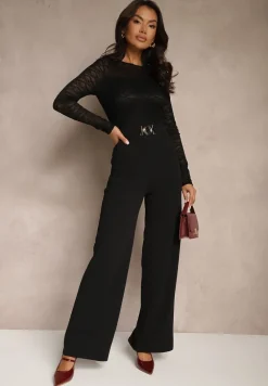 Czarny Kombinezon z Koronki z Wiskozą z Wszytym Paskiem z Aplikacją Ninadira