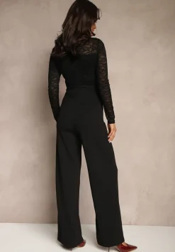 Czarny Kombinezon z Koronki z Wiskozą z Wszytym Paskiem z Aplikacją Ninadira
