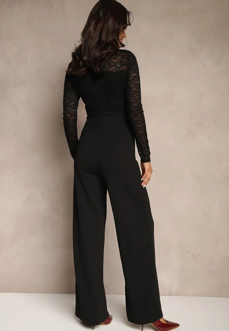 Czarny Kombinezon z Koronki z Wiskozą z Wszytym Paskiem z Aplikacją Ninadira