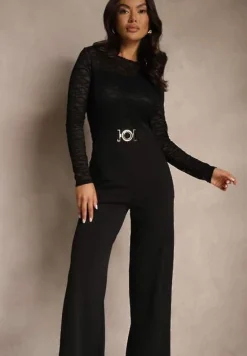 Czarny Kombinezon z Koronki z Wiskozą z Wszytym Paskiem z Aplikacją Ninadira