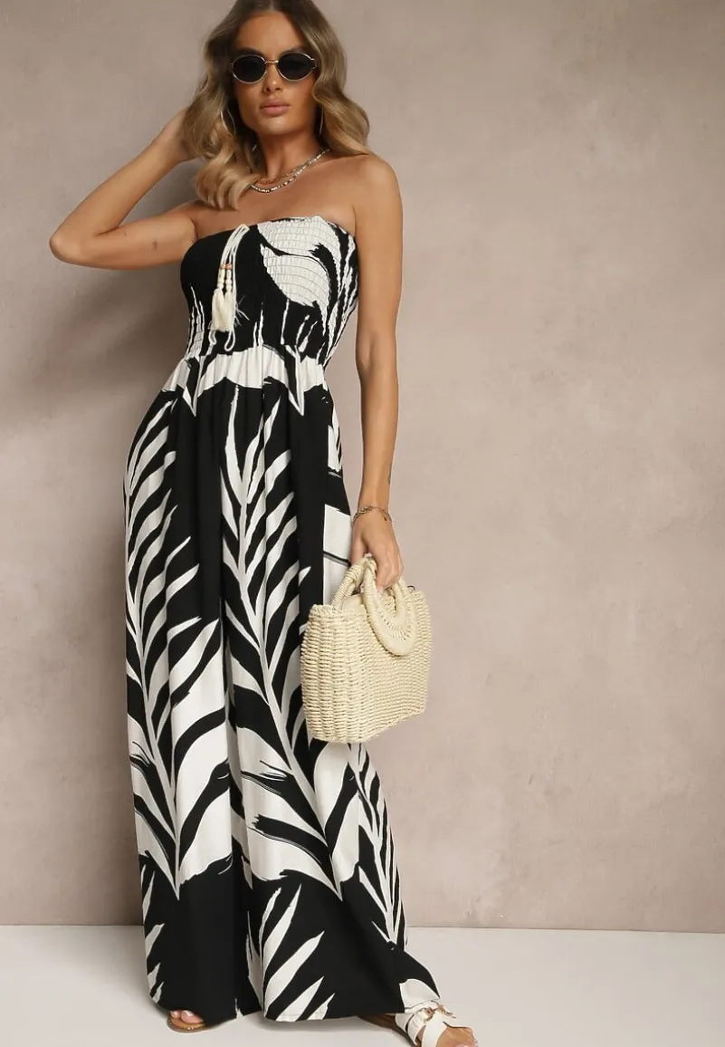 Czarny Kombinezon z Lnem Wiskozą i Motywem LIści Fevanae