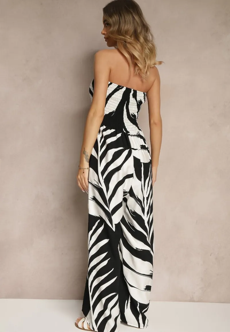 Czarny Kombinezon z Lnem Wiskozą i Motywem LIści Fevanae