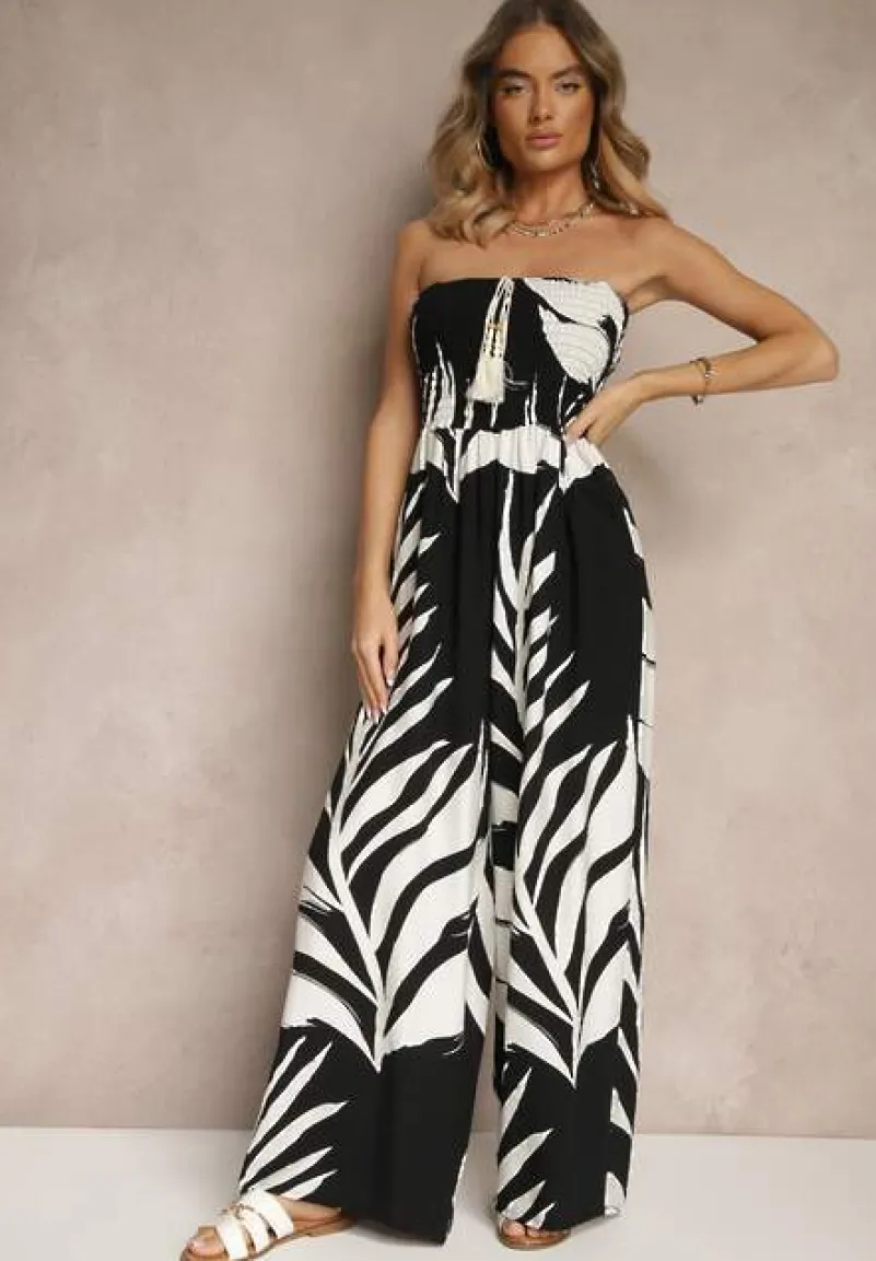 Czarny Kombinezon z Lnem Wiskozą i Motywem LIści Fevanae