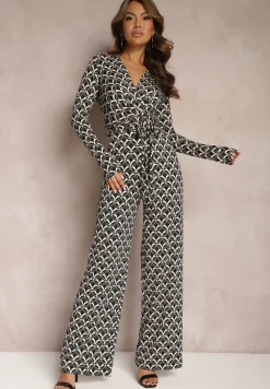 Czarny Kombinezon z Mozaikowym Wzorem z Dekoltem w Serek i Paskiem Inafil
