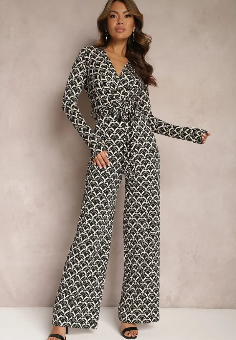 Czarny Kombinezon z Mozaikowym Wzorem z Dekoltem w Serek i Paskiem Inafil
