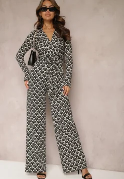Czarny Kombinezon z Mozaikowym Wzorem z Dekoltem w Serek i Paskiem Inafil