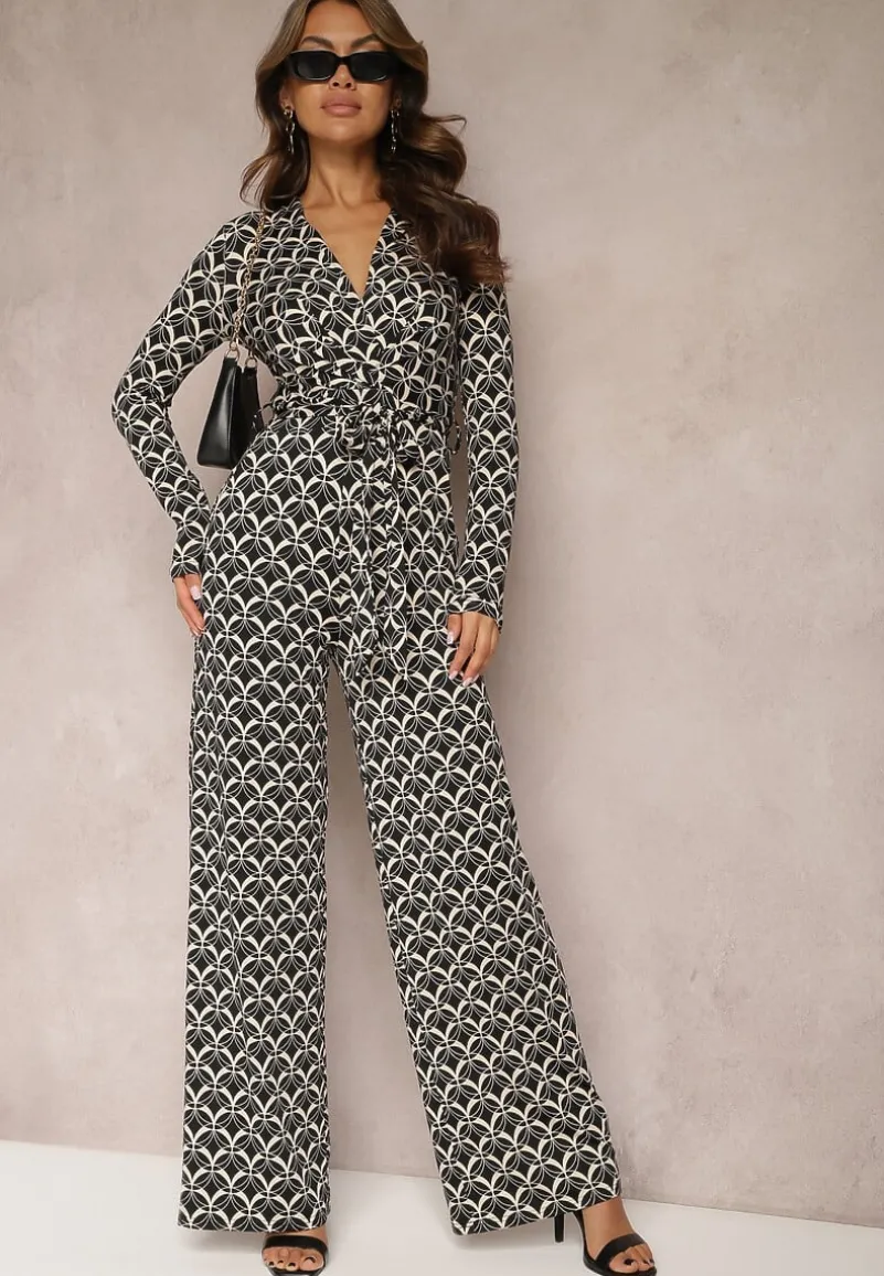 Czarny Kombinezon z Mozaikowym Wzorem z Dekoltem w Serek i Paskiem Inafil