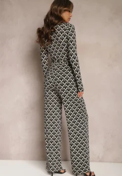 Czarny Kombinezon z Mozaikowym Wzorem z Dekoltem w Serek i Paskiem Inafil
