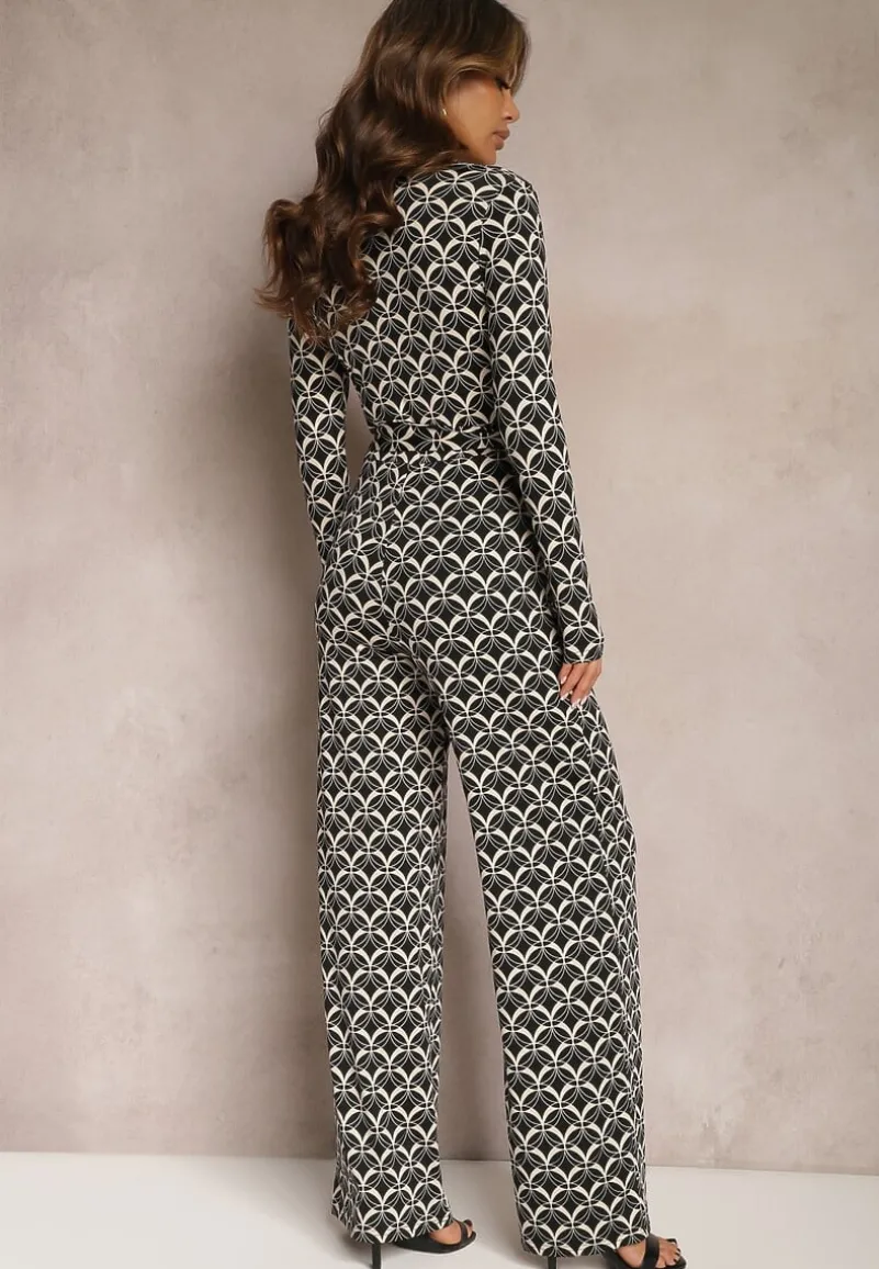 Czarny Kombinezon z Mozaikowym Wzorem z Dekoltem w Serek i Paskiem Inafil