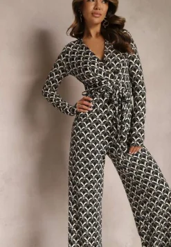 Czarny Kombinezon z Mozaikowym Wzorem z Dekoltem w Serek i Paskiem Inafil