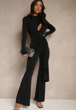 Czarny Kombinezon z Ozdobnym Marszczeniem, Wycięciem i Trenem Seliria