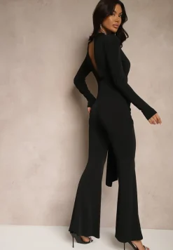 Czarny Kombinezon z Ozdobnym Marszczeniem, Wycięciem i Trenem Seliria