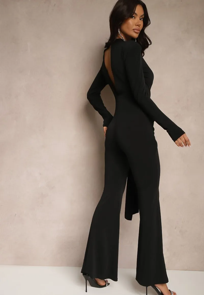 Czarny Kombinezon z Ozdobnym Marszczeniem, Wycięciem i Trenem Seliria