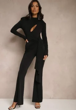 Czarny Kombinezon z Ozdobnym Marszczeniem, Wycięciem i Trenem Seliria