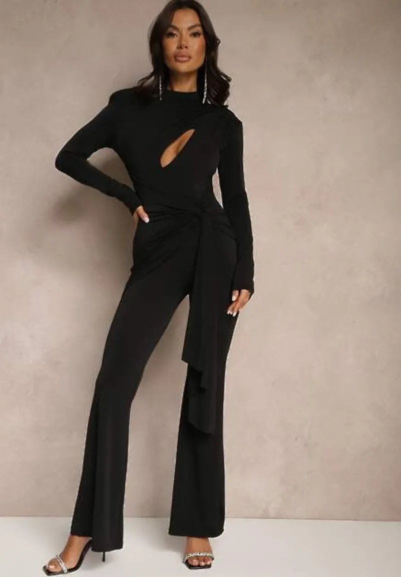 Czarny Kombinezon z Ozdobnym Marszczeniem, Wycięciem i Trenem Seliria