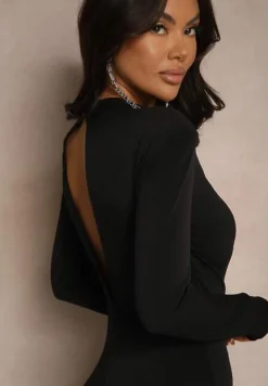 Czarny Kombinezon z Ozdobnym Marszczeniem, Wycięciem i Trenem Seliria