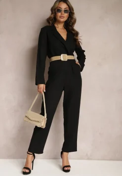Czarny Kombinezon z Paskiem z Plecionki Kopertową Górą i Zwężającymi się Nogawkami Avnja