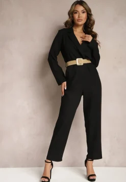 Czarny Kombinezon z Paskiem z Plecionki Kopertową Górą i Zwężającymi się Nogawkami Avnja