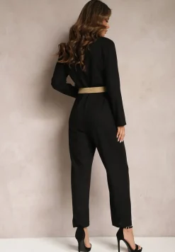 Czarny Kombinezon z Paskiem z Plecionki Kopertową Górą i Zwężającymi się Nogawkami Avnja