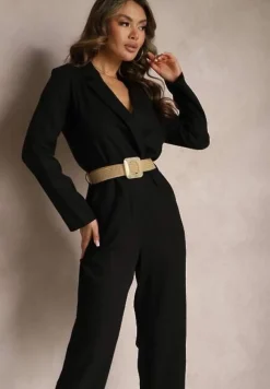 Czarny Kombinezon z Paskiem z Plecionki Kopertową Górą i Zwężającymi się Nogawkami Avnja