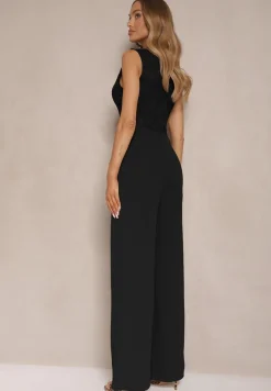 Czarny Kombinezon z Prostymi Nogawkami z Metalową Ozdobą w Talii Lannrive