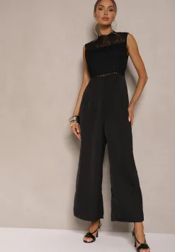Czarny Kombinezon z Szeroką Nogawką Zdobiony Siateczkowymi Wstawkami Naliena