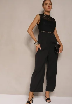 Czarny Kombinezon z Szeroką Nogawką Zdobiony Siateczkowymi Wstawkami Naliena