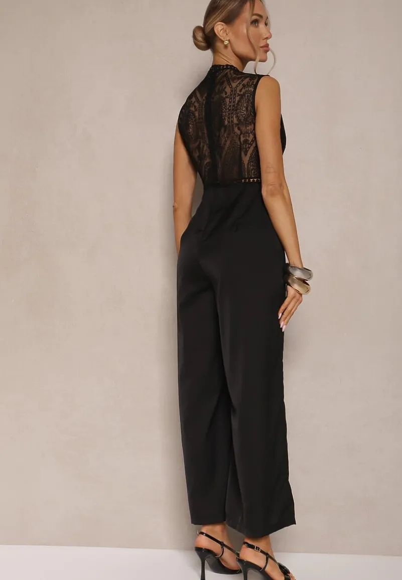 Czarny Kombinezon z Szeroką Nogawką Zdobiony Siateczkowymi Wstawkami Naliena
