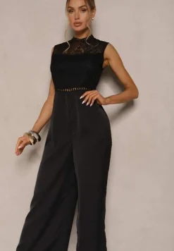 Czarny Kombinezon z Szeroką Nogawką Zdobiony Siateczkowymi Wstawkami Naliena