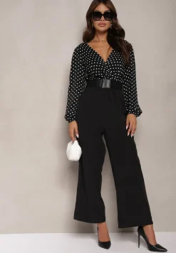 Czarny Kombinezon z Szeroką Nogawką i Kopertowym Dekoltem Dodatkowo Pasek Klerda