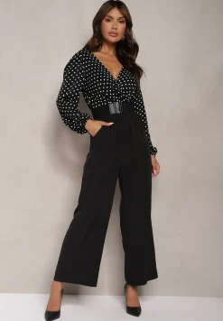 Czarny Kombinezon z Szeroką Nogawką i Kopertowym Dekoltem Dodatkowo Pasek Klerda