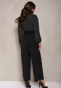 Czarny Kombinezon z Szeroką Nogawką i Kopertowym Dekoltem Dodatkowo Pasek Klerda